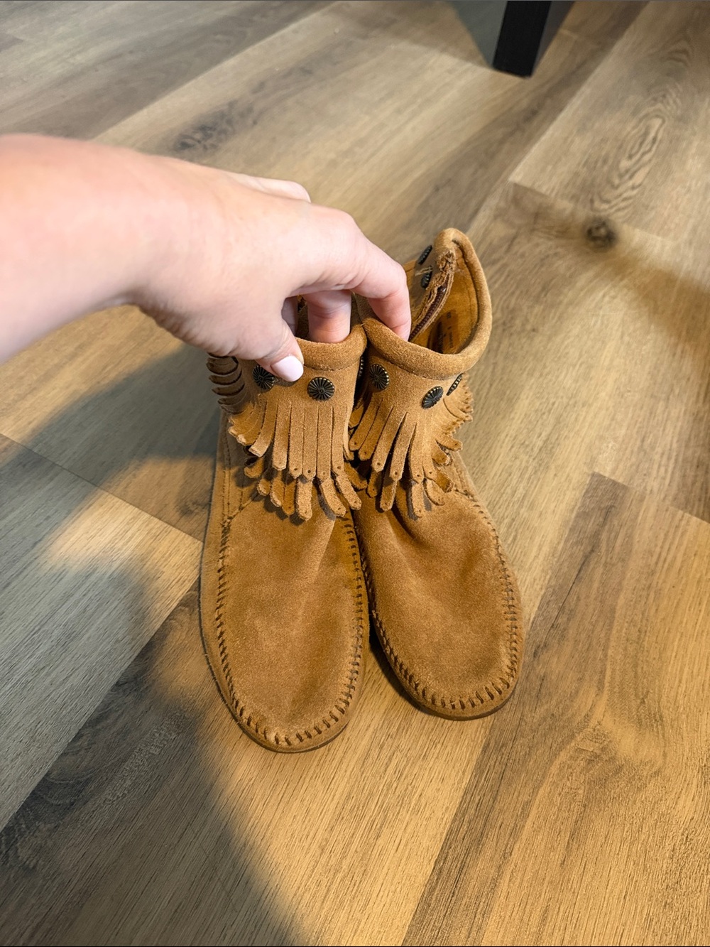 Minnetonka Suede Fringe Moccasins in Tan Brown
